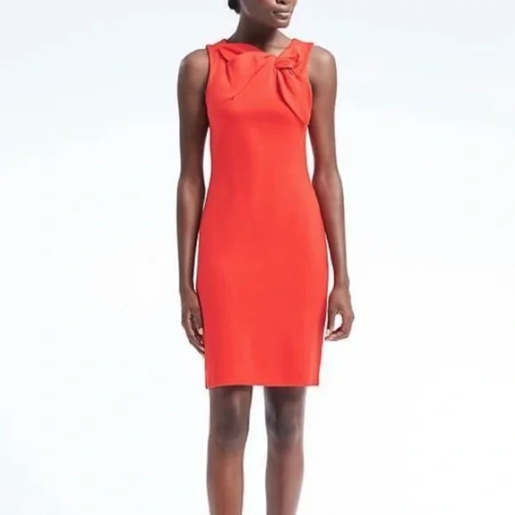 Banana Republic Coral Bow-Neck Ponte Knit Sleeveless Sheath Dress 2P Orange Red Banana Republic Coral Bow-Neck Ponte Knit Sleeveless Sheath Dress 2P Orange Red